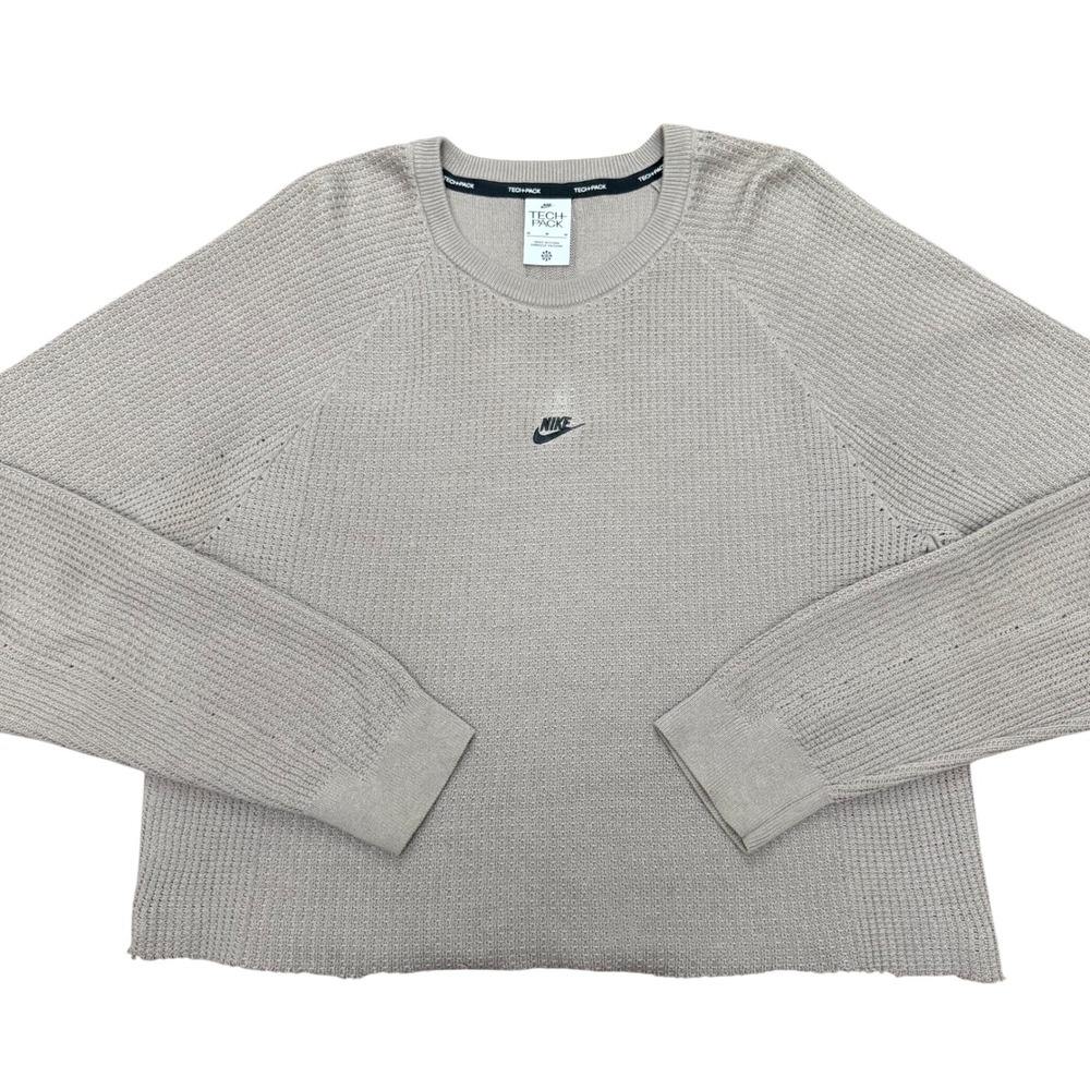 Nike Tech Pack Sweater Womens Medium Taupe Grey Cropped Waffle Knit Raglan Top
